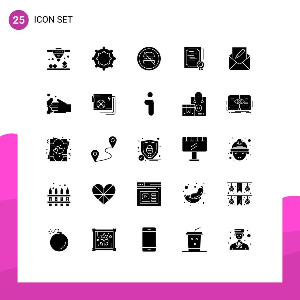 Pack of 25 creative Solid Glyphs of email compose dieting diploma sign Editable Vector Design Elements