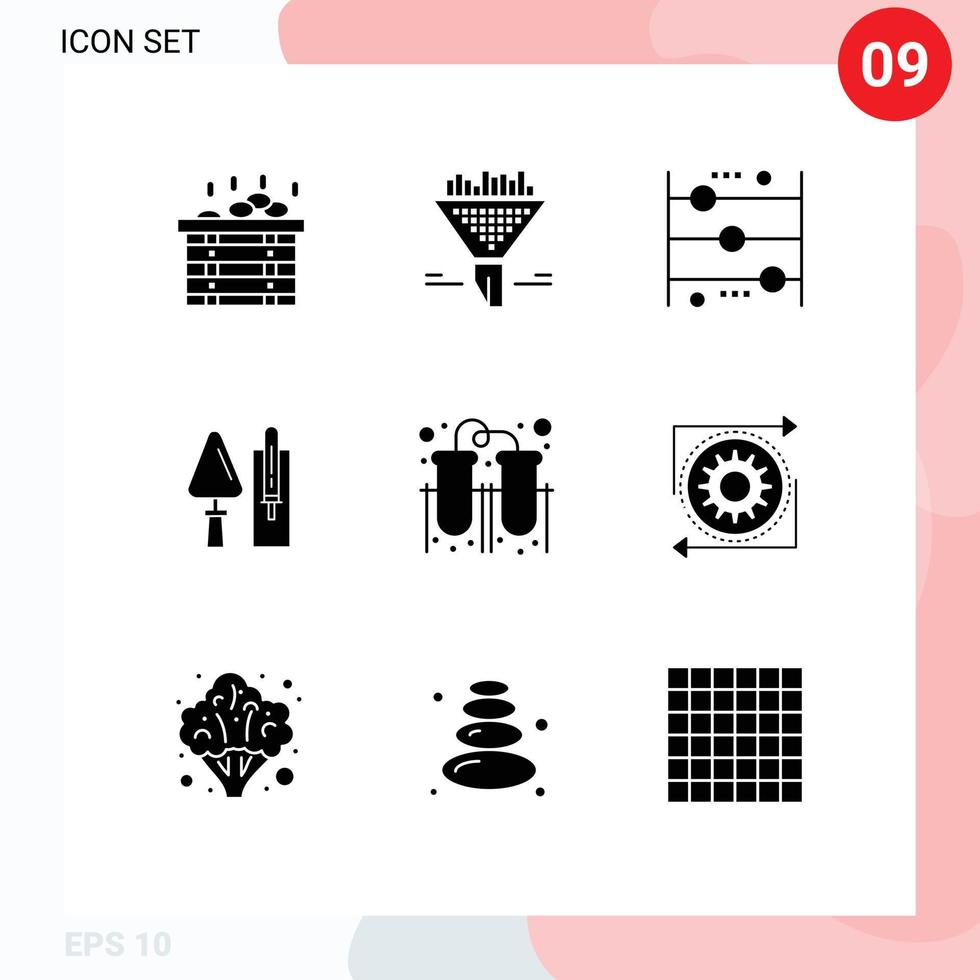 Group of 9 Modern Solid Glyphs Set for experiment masonry calculating construction trowel Editable Vector Design Elements