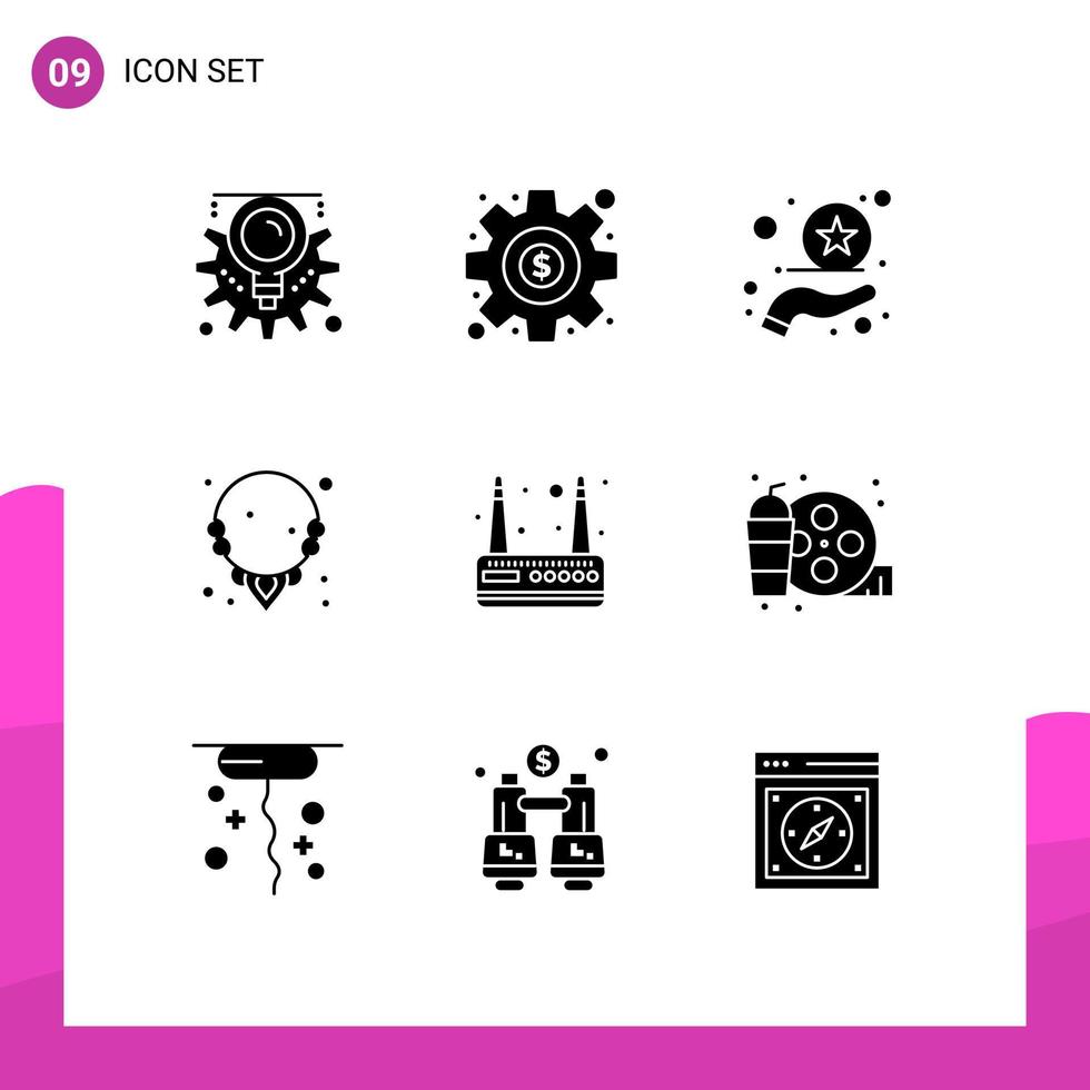 Group of 9 Solid Glyphs Signs and Symbols for real router rate modem jewelry Editable Vector Design Elements