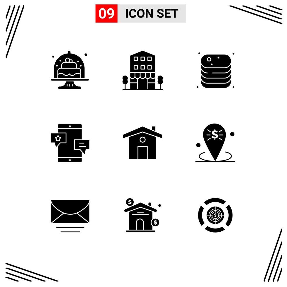 Editable Vector Line Pack of 9 Simple Solid Glyphs of media chat shop front shop cooking Editable Vector Design Elements