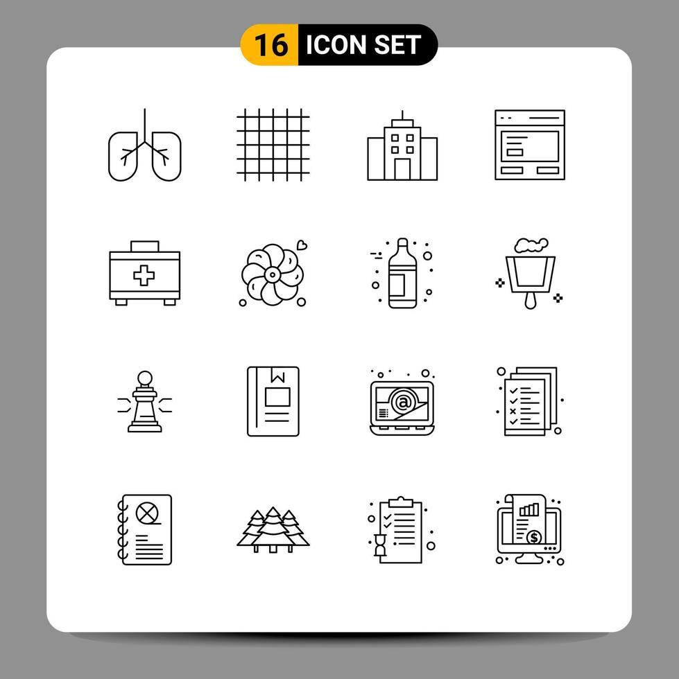 Pack of 16 Modern Outlines Signs and Symbols for Web Print Media such as medical bag bag office to communication Editable Vector Design Elements