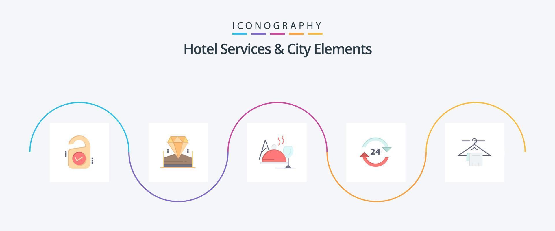 servicios de hotel y elementos de la ciudad flat 5 icon pack que incluye parada. alrededor del reloj. hotel . no. conserje vector