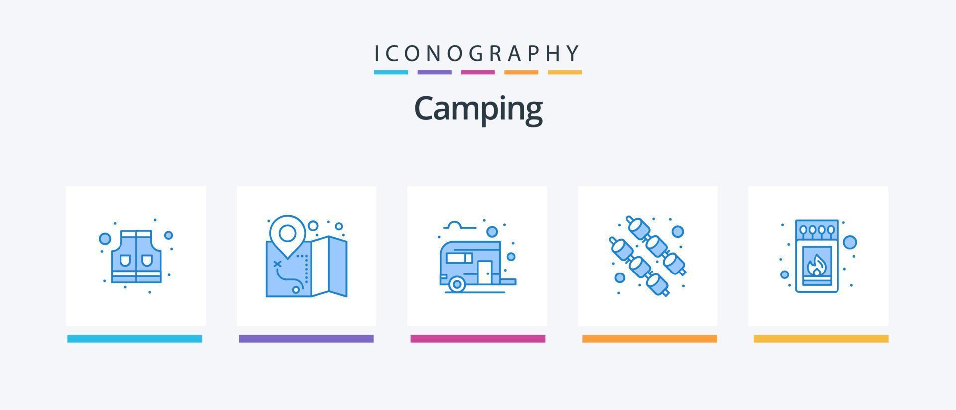 paquete de iconos de camping azul 5 que incluye palo. fuego. acampar. caja. malvavisco. diseño de iconos creativos vector