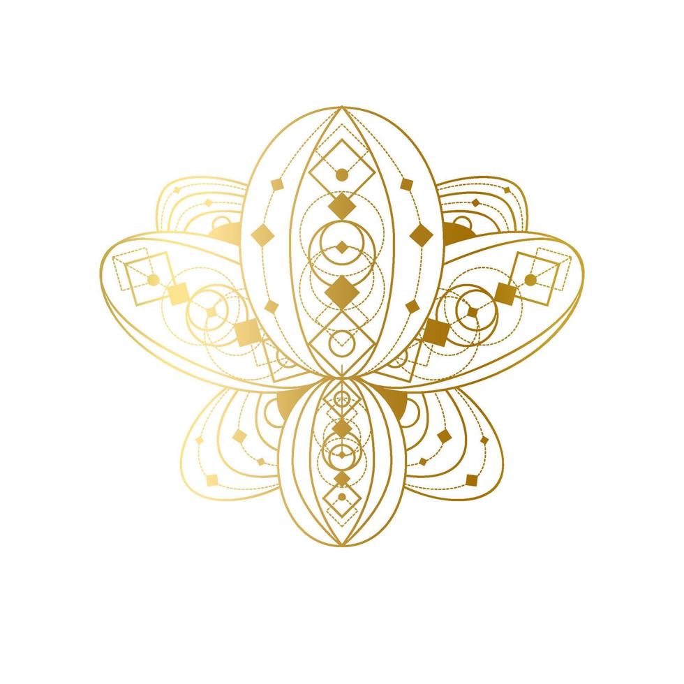 Lotus flower with geometric golden ornament vector linear illustration