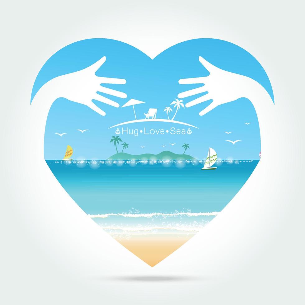 Beautiful seascape Summer in heart with hug hand concept vector