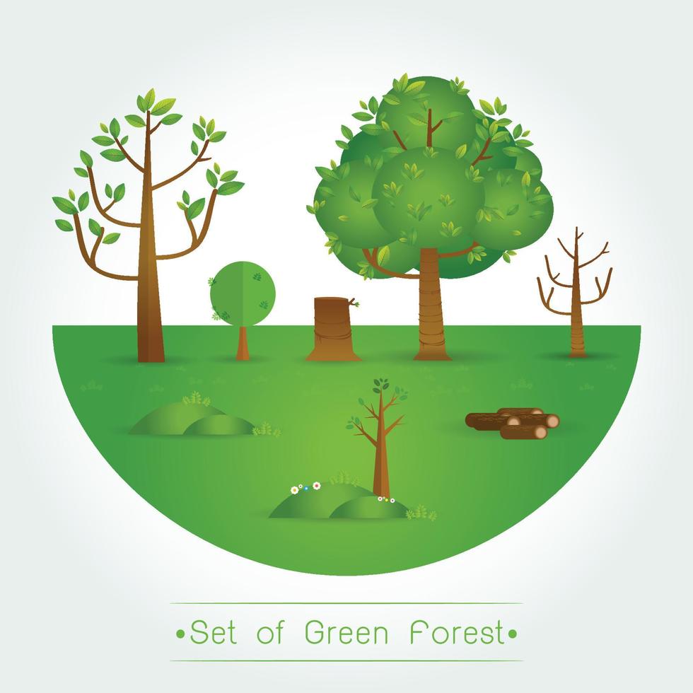 conjunto de bosque verde, árboles y arbustos vector