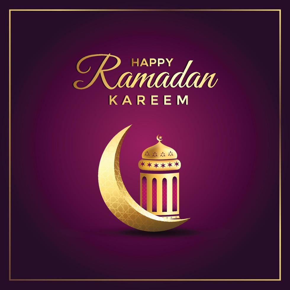 Happy Ramadan Kareem greeting card design with crescent moon and lantern vector