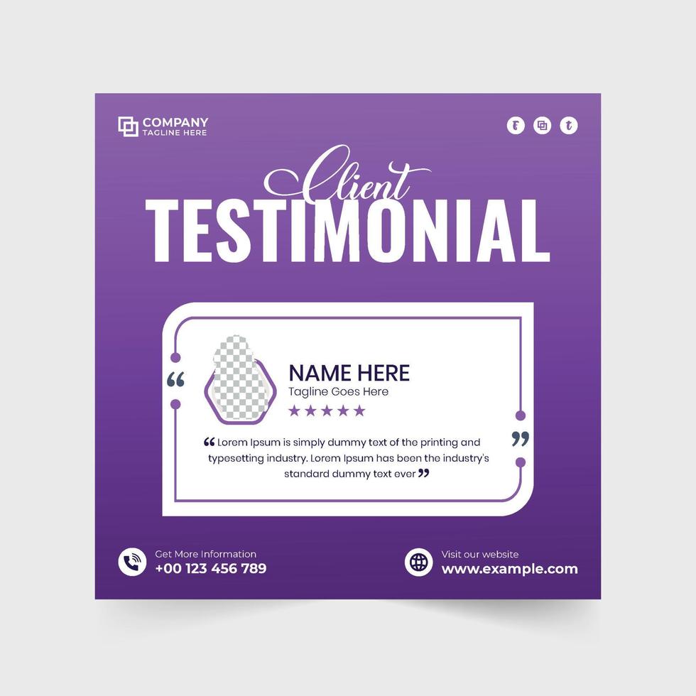 Business service review template design with comment and rating sections. Client testimonial layout template for social media marketing. Buyer feedback and web banner design with purple colors. vector