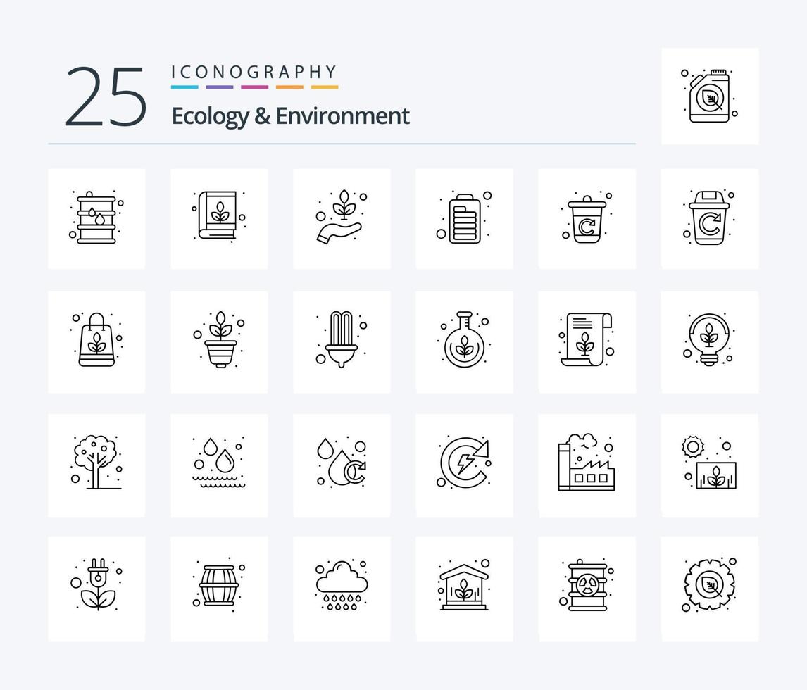 paquete de iconos de 25 líneas de ecología y medio ambiente que incluye reciclaje. mejoramiento. medioambiente. motor. batería vector