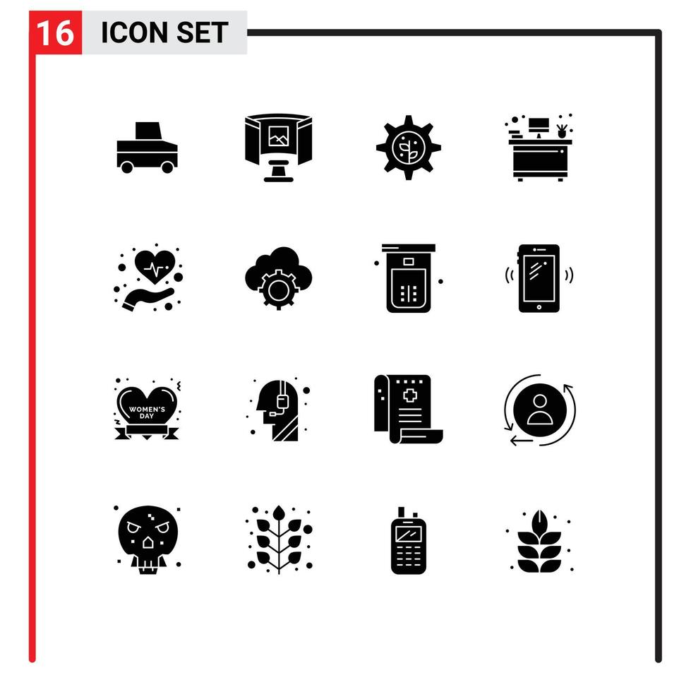 conjunto moderno de 16 glifos y símbolos sólidos, como elementos de diseño de vectores editables en el lugar de trabajo de salud del equipo de atención médica en la nube