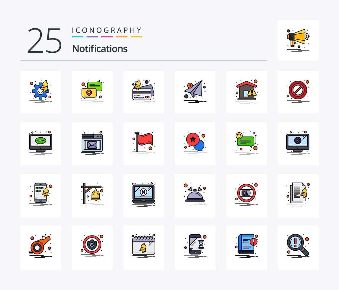 Notifications 25 Line Filled icon pack including home. notification. card. marketing. email vector