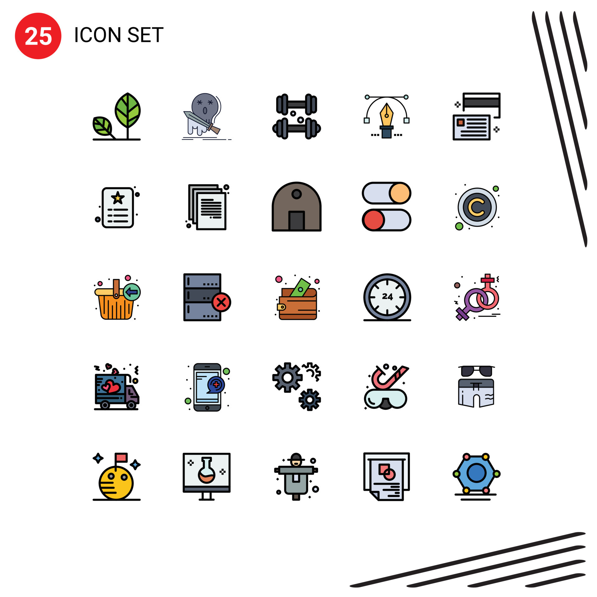 paquete de color plano de línea rellena de 25 símbolos universales de