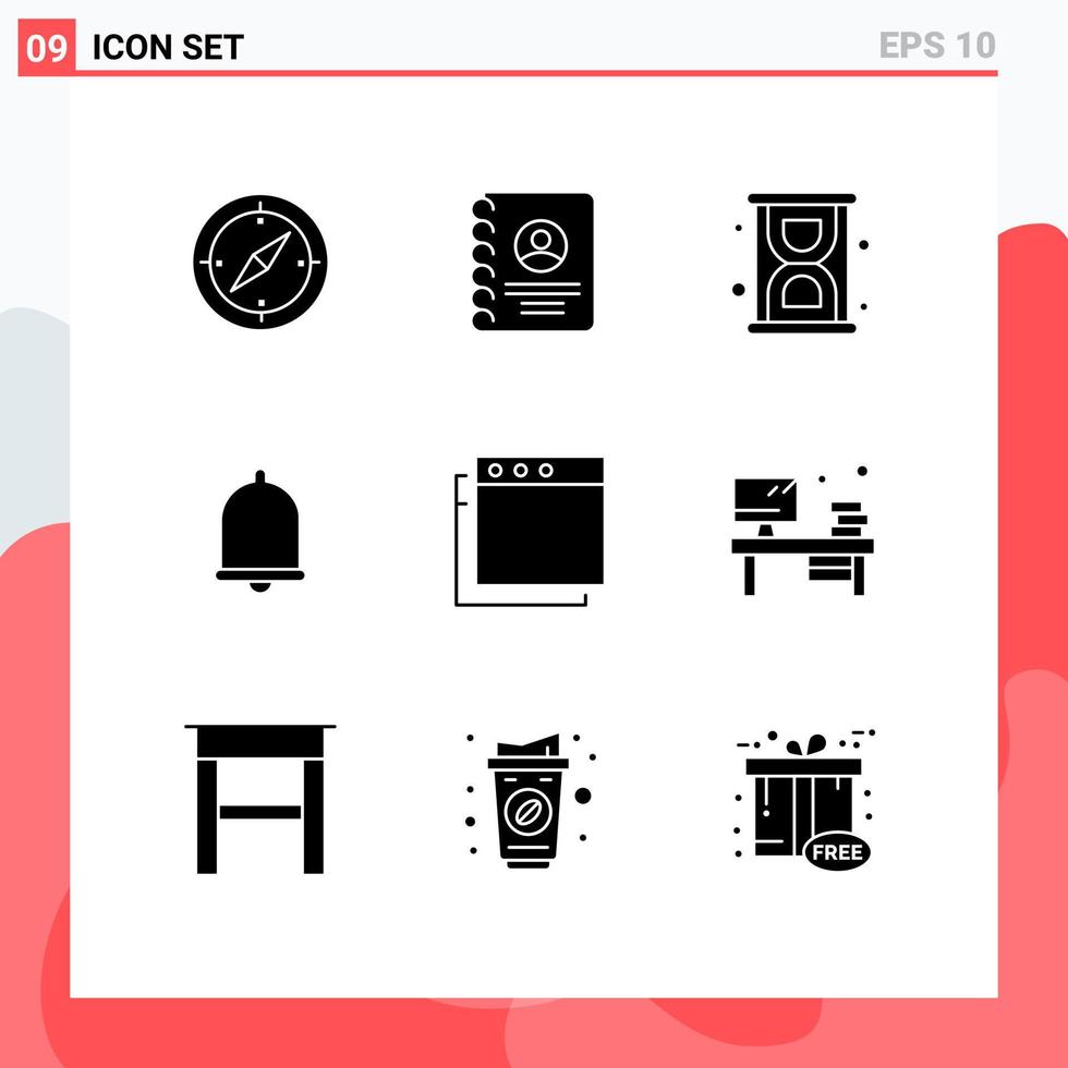 9 Universal Solid Glyph Signs Symbols of table apps hourglass sound bell Editable Vector Design Elements