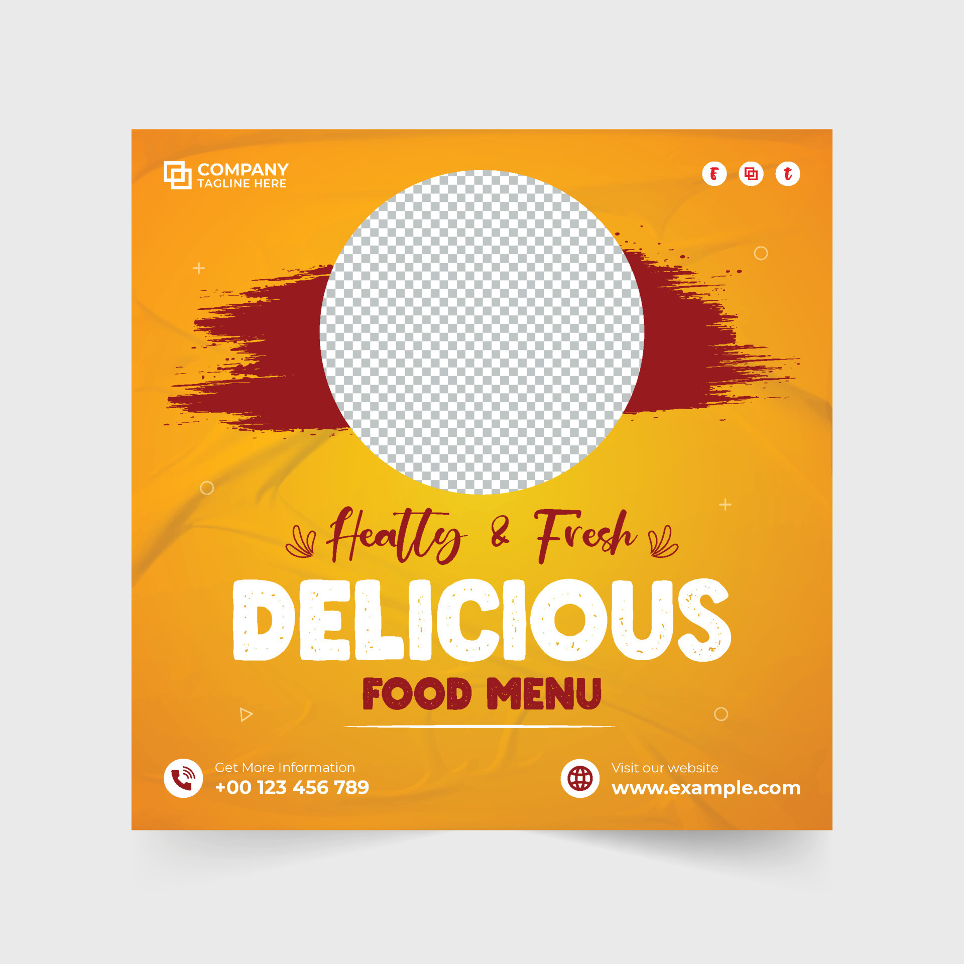 Delicious food menu template design on an orange background for social