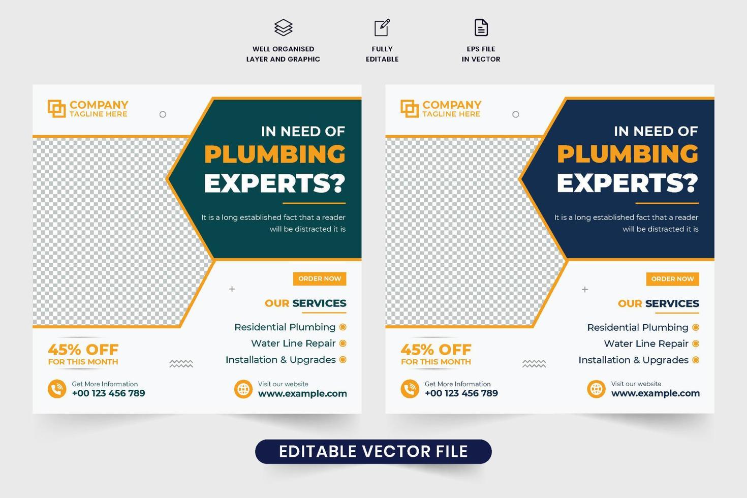 Plumbing expert hiring template vector with geometric shapes. Handyman service social media post design with photo placeholders. Home maintenance business poster design with yellow and dark colors.