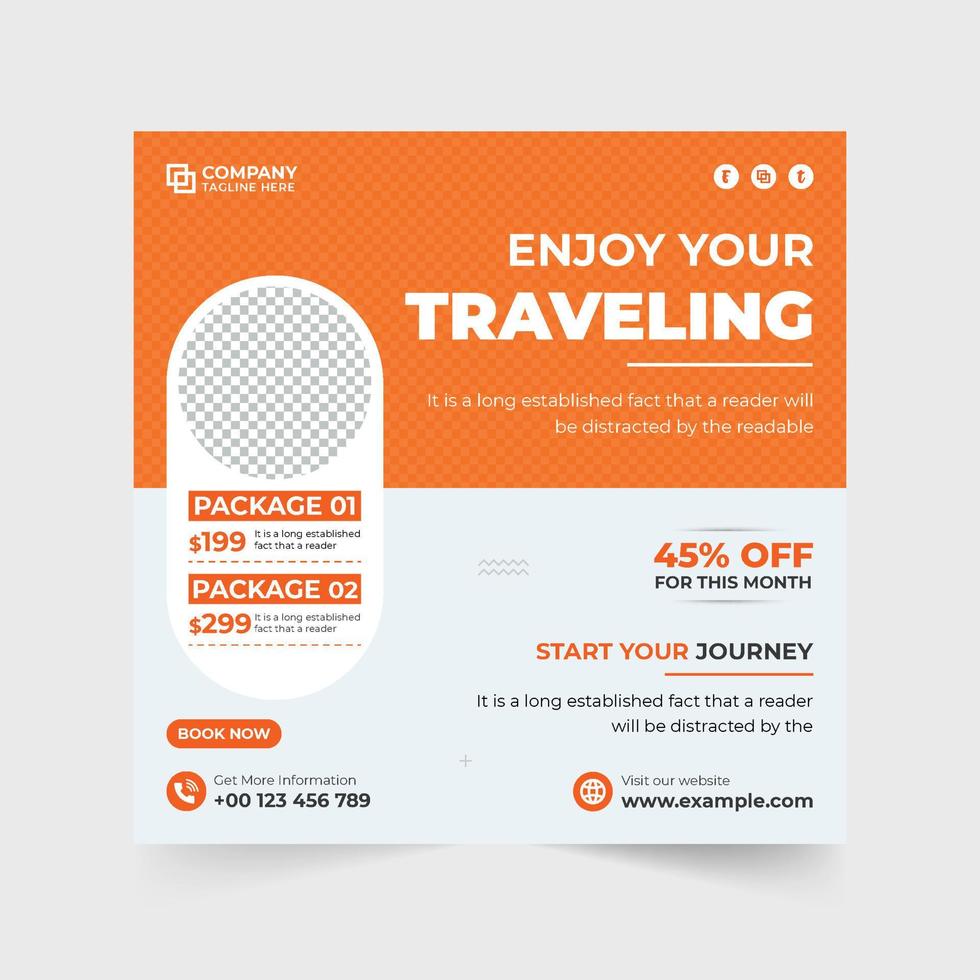 Holiday trip advertisement poster design with discount offer. Vacation planner template vector with orange and blue colors. Travel business promotion web banner design for social media marketing.