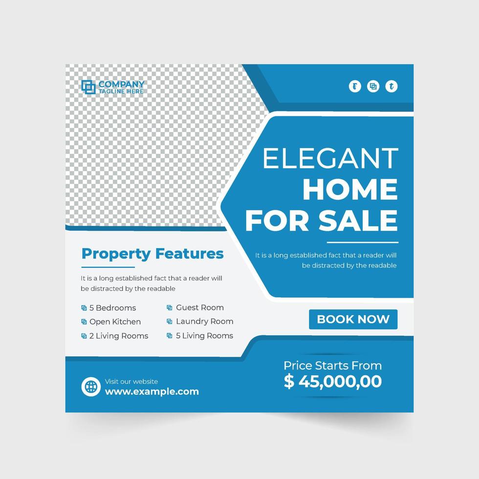 Creative home selling business promo template design with price section and photo placeholders. Modern real estate business advertisement poster with blue and dark colors. Property management agency. vector