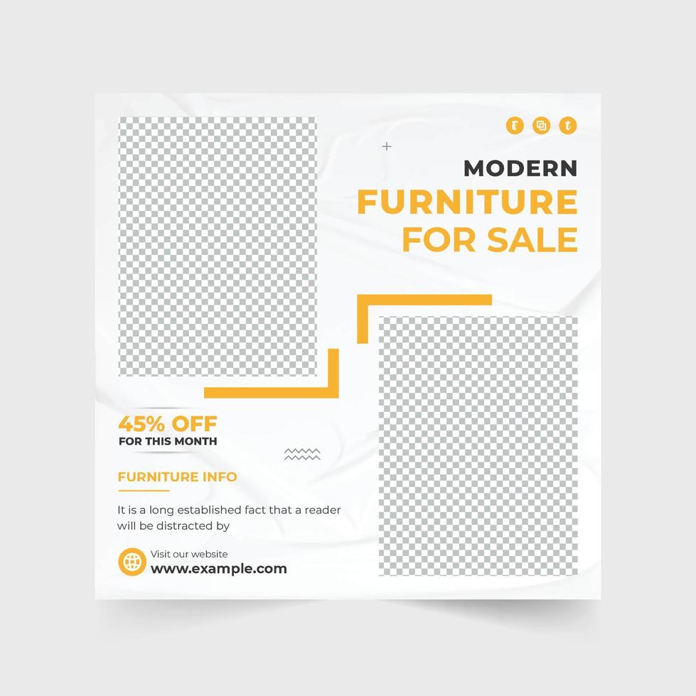 Creative home appliances advertisement template for social media marketing. Furniture sale discount poster design with red and yellow colors. Modern furniture business promotion web banner vector. vector