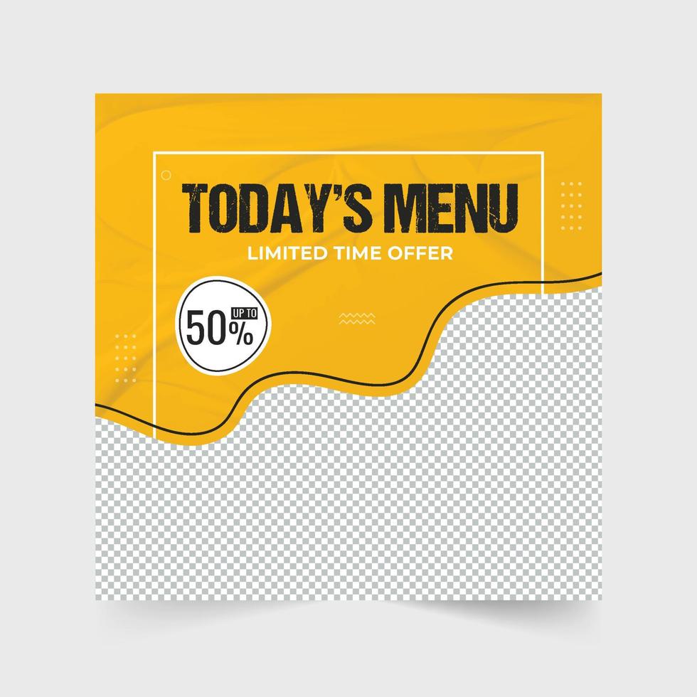 Food promo template design with yellow and dark colors. Special food promotional web banner vector for social media marketing. Culinary promo template with discount offer and photo placeholders.