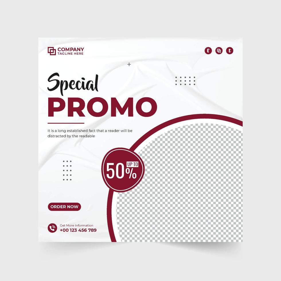 Food promo template social media post vector with red wine color. Special food menu promotional web banner design for social media marketing. Food discount template design with abstract shapes.