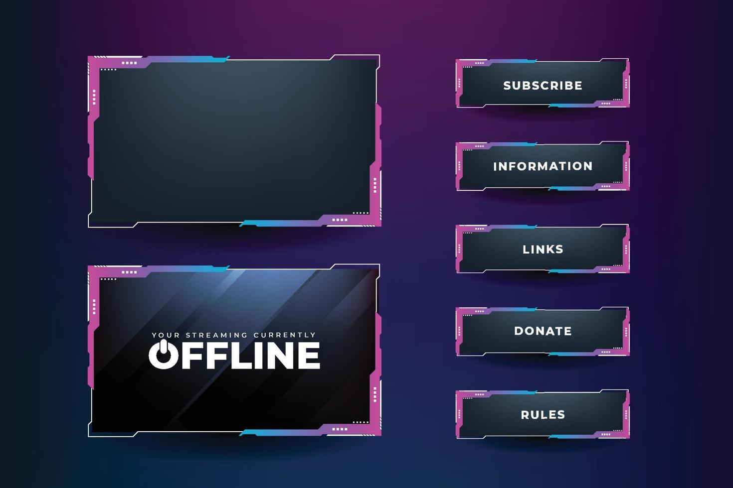 Gaming screen panel design with pink and blue colors. Unique broadcast screen border design for online gamers and streamers. Streaming overlay vector on a dark background and with buttons.