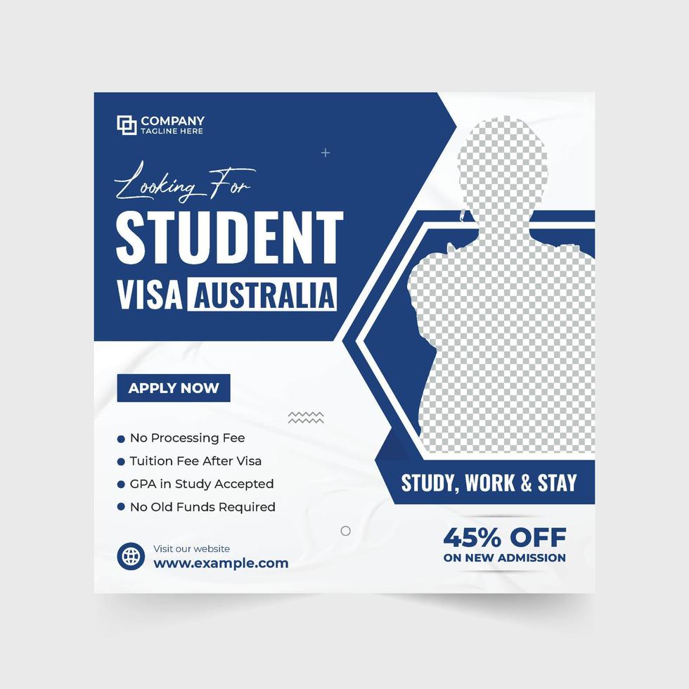 Student application and study abroad promotional template design for social media marketing. Modern abroad education facilities poster design with photo placeholders. Abroad study agency web banner. vector