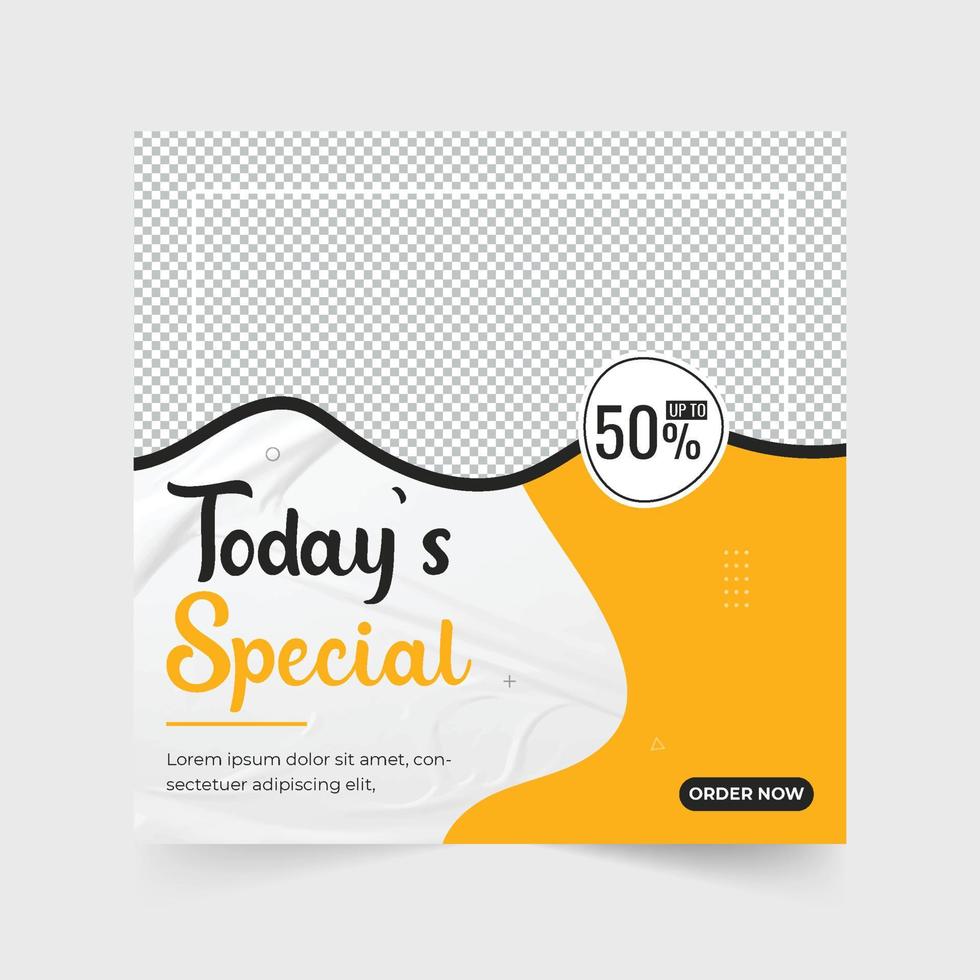 Modern food menu social media post design with dark and yellow colors. Food menu promo poster vector for digital marketing. Restaurant discount promo design with abstract shapes and photo placeholders