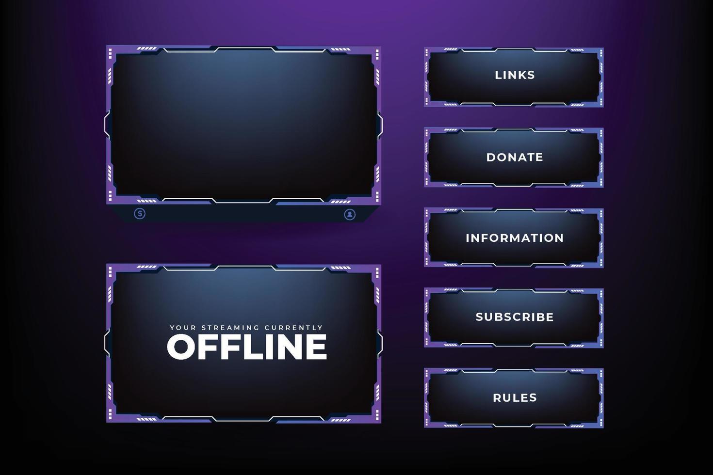 Digital live streaming overlay vector. Broadcast screen design with abstract shapes. Futuristic gaming panel design. Live gaming overlay panel and offline frame background with purple and dark colors. vector