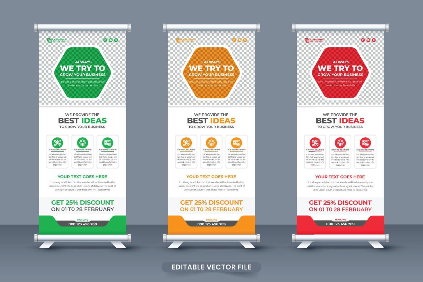 Creative business roll up banner design with hexagon shapes. Special company promotional exhibition standee banner vector. Corporate advertisement roll up banner vector with green and red colors.