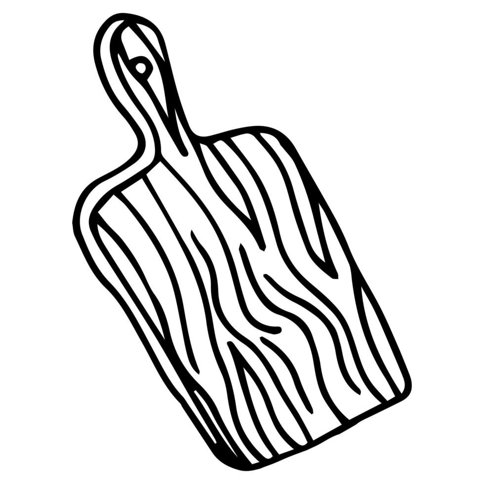 Hand drawn sketch style cutting wooden board. Rectangular board with handle. Perspective view. Kitchen equipments vintage vector illustration. Isolated on white.