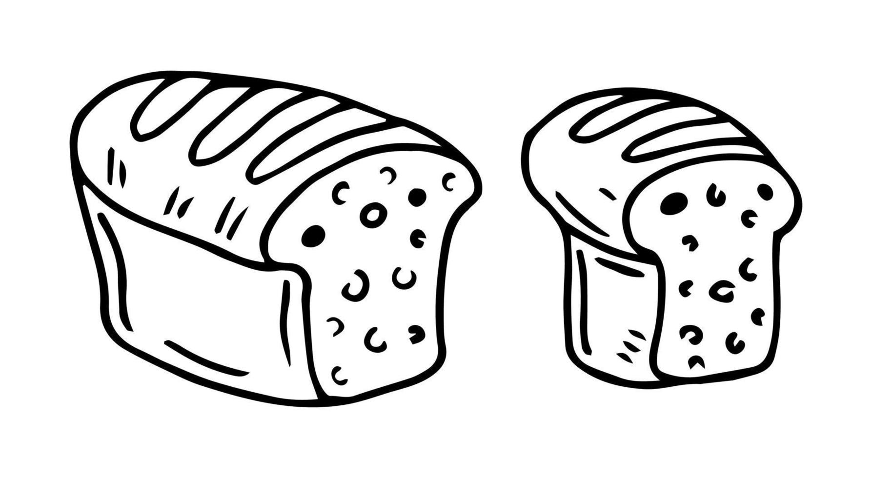 conjunto de iconos de panadería en rodajas de pan, estilo de línea y glifo negro. boceto dibujado a mano símbolo de pan de trigo fresco. tienda de diseño de comida plana. icono para infografía, etiqueta de embalaje, vector para sitio web de aplicación de alimentos, bistró