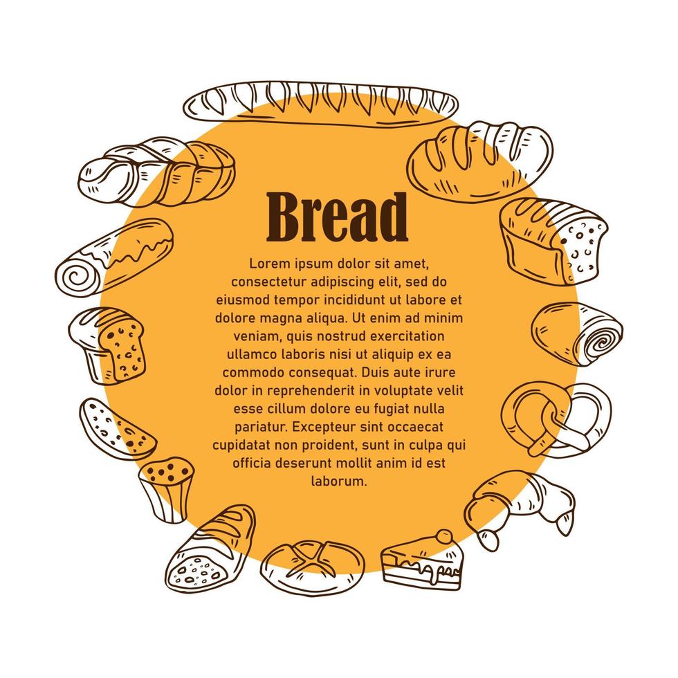 Yellow vector round frame with sketch of bakery loaf, bun, bread, pretzel, croissant, donut.Card, badge, banner, poster design with hand drawn food illustration.