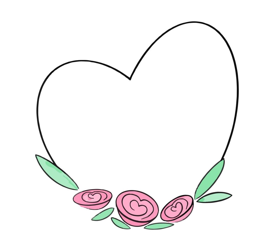 Heart shaped vector frame decorated with roses and peonies hand drawn watercolor. Vector illustration