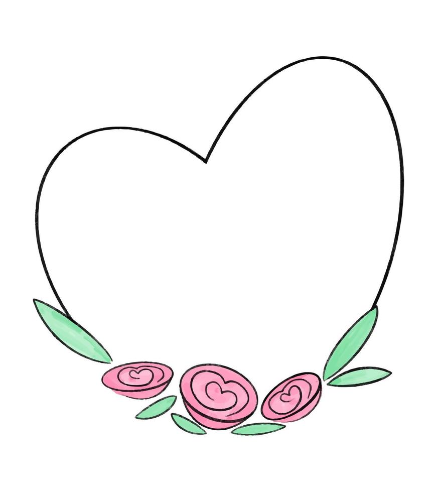 Heart shaped vector frame decorated with roses and peonies hand drawn watercolor. Vector illustration