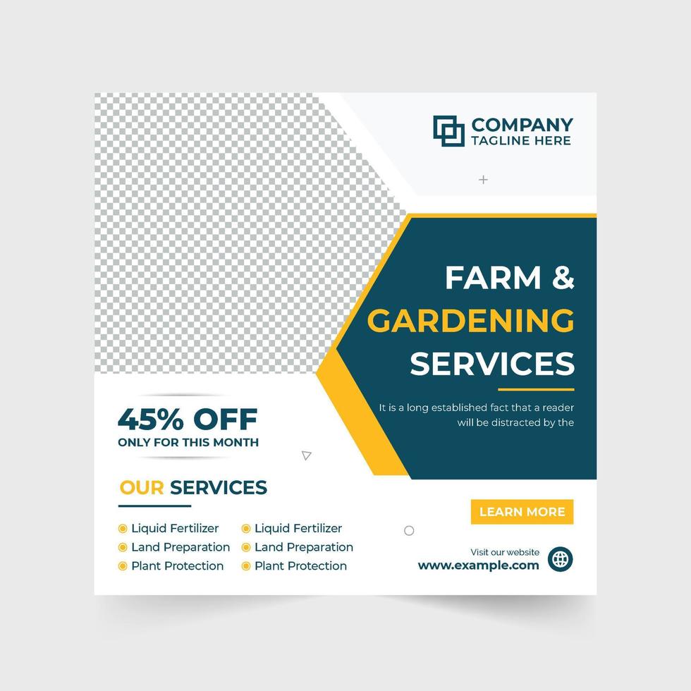 Farm and gardening service social media post vector with blue and yellow colors. Agriculture service discount poster for marketing. Lawn mowing and landscaping business promotional web banner vector.