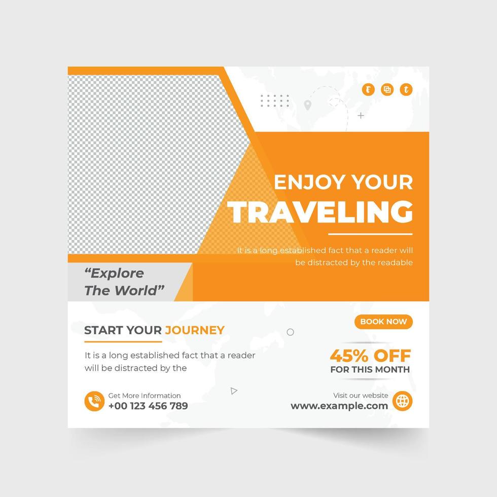 Tour and trip planner agency business promotion template for social media marketing. Travel agency advertisement web banner vector with creative shapes. Vacation trip social media post design.