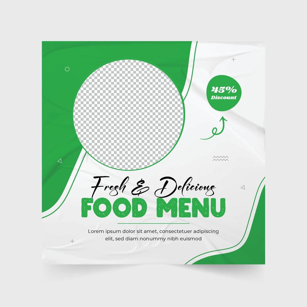 Fresh food menu advertisement web banner template design with abstract shapes. Restaurant food menu promotional poster design with green and white colors. Creative food menu social media post design. vector