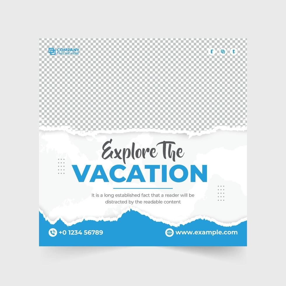 Touring group promo template design for digital marketing. Travel agency social media post vector with blue colors and brush effect. Vacation trip management agency poster design with discount section