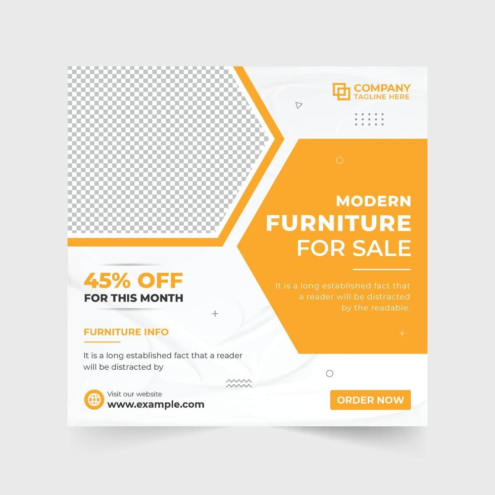 Furniture business promotion template with discount offer section. Modern furniture sale social media post vector with photo placeholders. Furniture poster design with creative shapes for marketing.