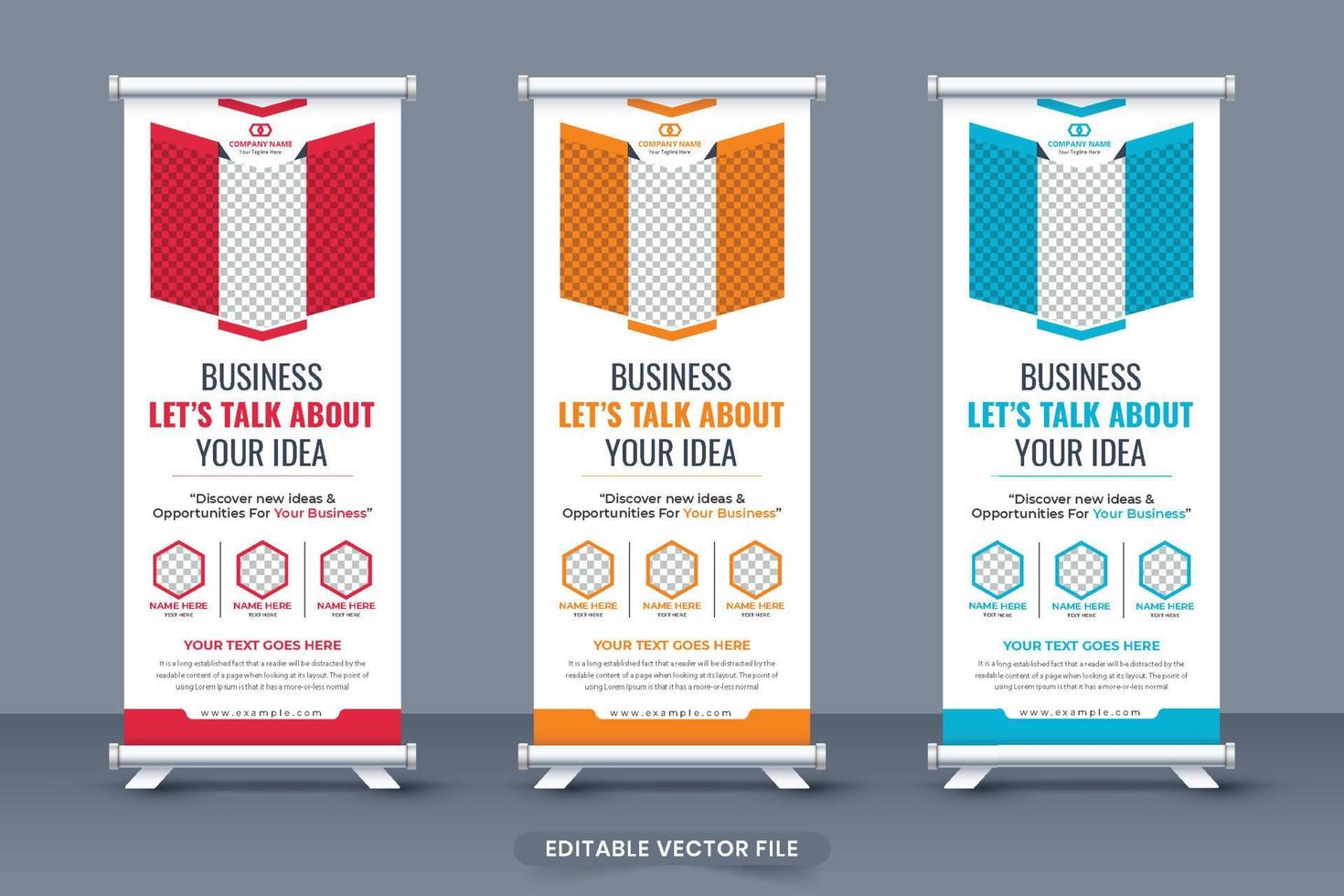 Corporate business roll up banner template with creative shapes. Business promotion banner template with red and blue colors. Roll up standee banner for presentation. Creative exhibition banner vector