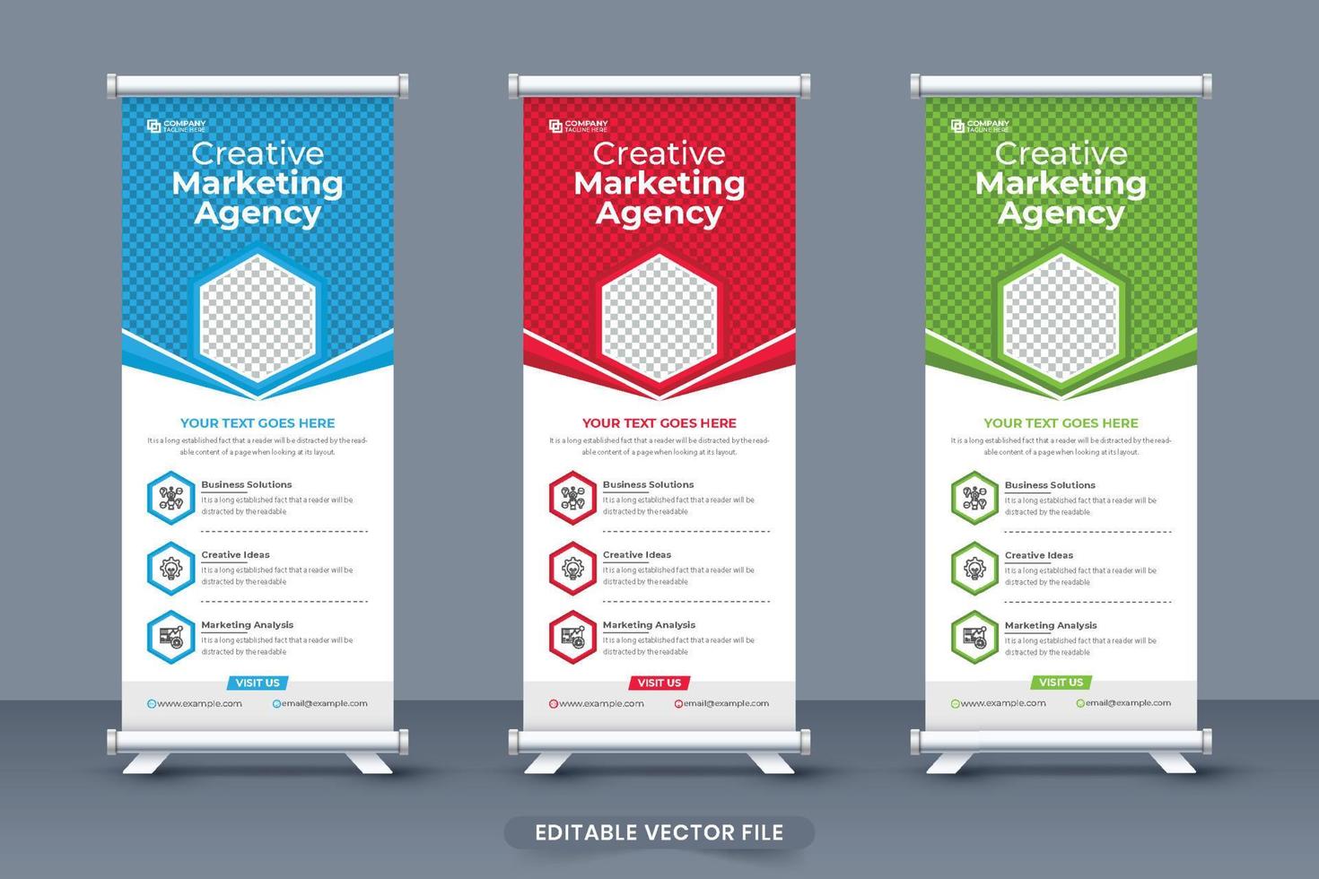 Creative marketing agency roll up banner design with red, blue, and green colors. Business promotional standee banner template with geometric shapes. Corporate exhibition poster design for marketing. vector