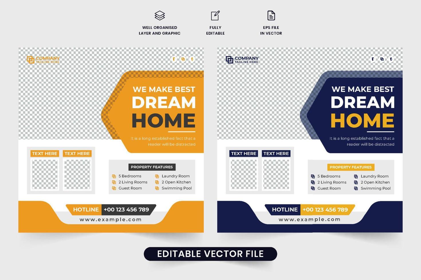 Modern home making business advertisement poster design with photo placeholders. House construction service promotional web banner vector. Home construction real estate social media post template. vector