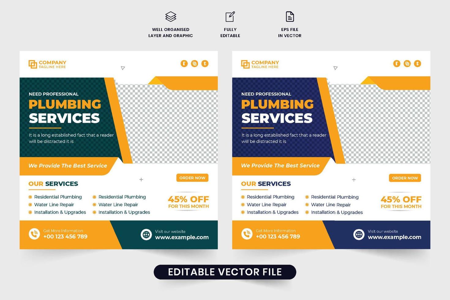 Special plumbing service advertisement poster design for marketing. Plumbing and home maintenance service social media post vector. Professional handyman business promotion web banner template. vector