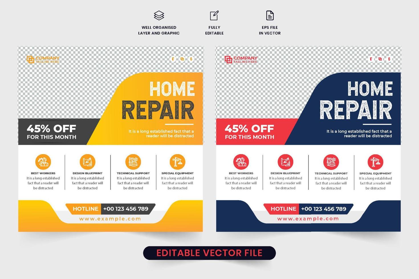 Home construction and repair service social media post vector with yellow and red colors. Real estate maintenance poster design with photo placeholders. Handyman construction business promotion.