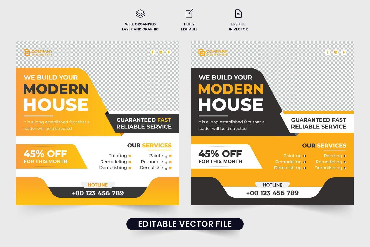 Handyman and construction service social media post vector with yellow and dark colors. Modern home making business promotional template design for marketing. Real estate construction business poster.