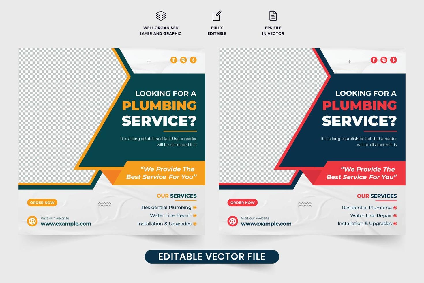 Creative plumbing business promotional web banner design for social media marketing. Handyman service commercial poster design with yellow and red colors. Plumbing service social media post vector. vector