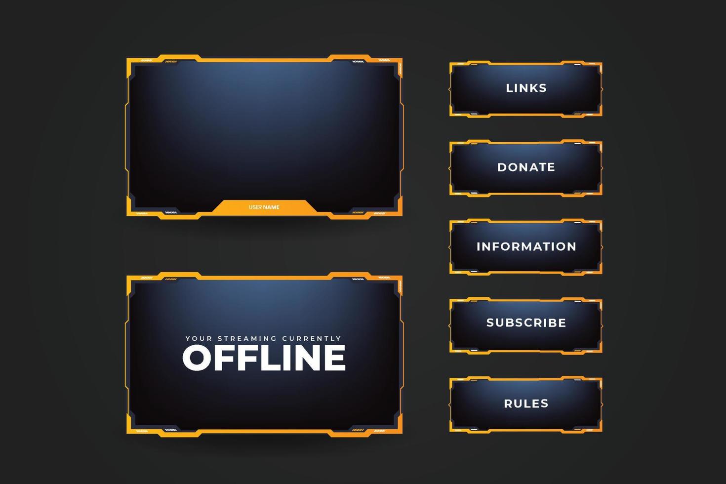 Simple overlay decoration with yellow color borders and buttons. Online gamer screen interface design on a dark background. Offline and online screen collection for live streamers. vector