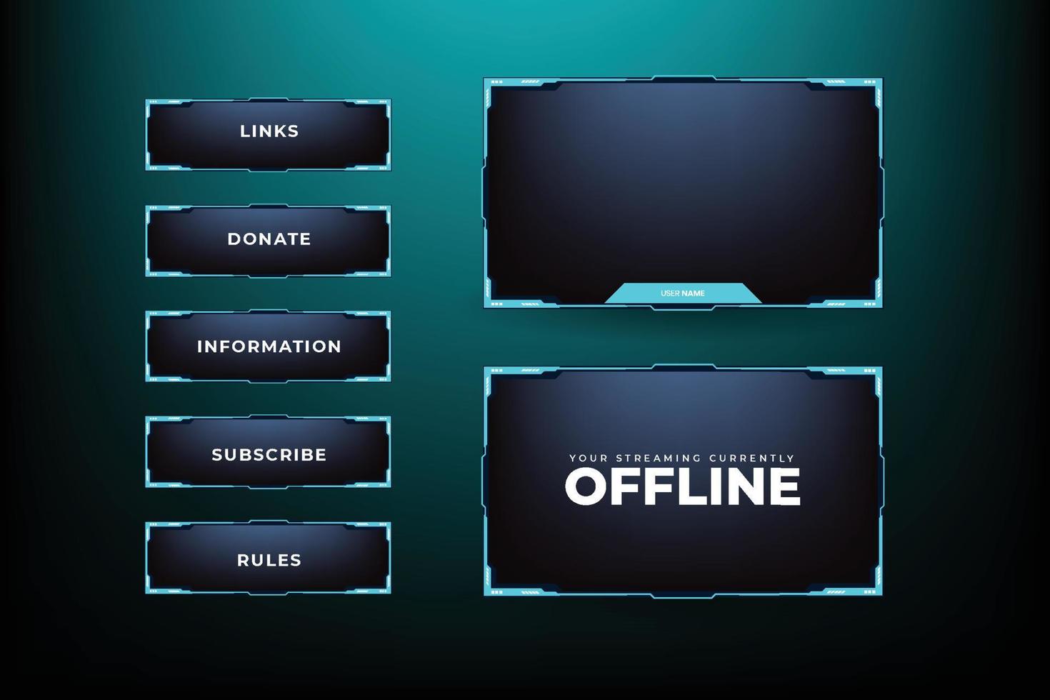 Online gaming screen panel design vector with simple shapes. Live streaming overlay design for gamers. Live broadcasting overlay and screen interface decoration with dark and blue color.