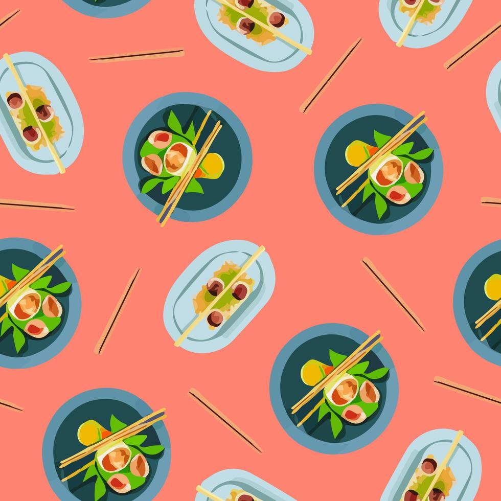 Seamless pattern on the theme of Japan. Sushi, Tea, Perfection, Happiness, Truth, Japan Post. Vector repeating background, wallpaper, wrapping paper, fabric