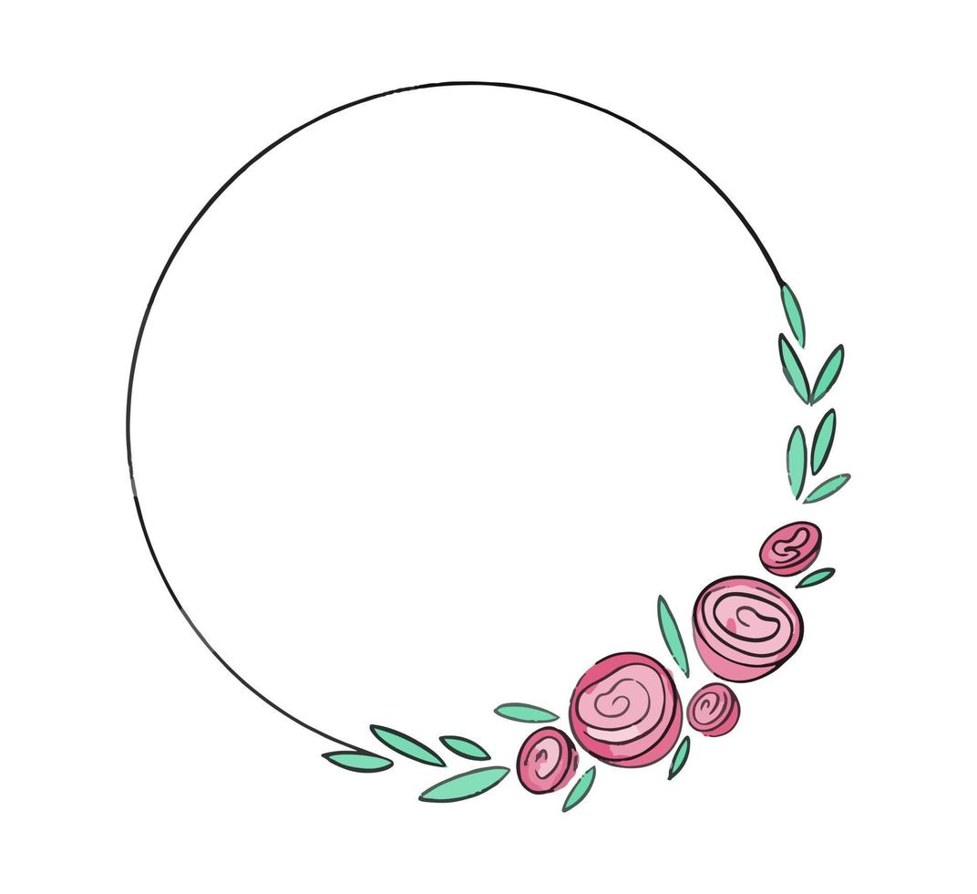 Vector round frame decorated with roses and peonies hand drawn watercolor. Vector illustration